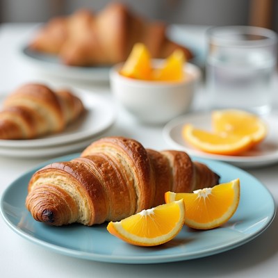 Croissants and oranges on a table