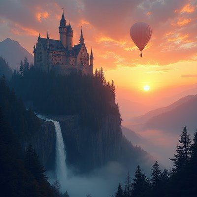 Hot air balloon above castle at sunset