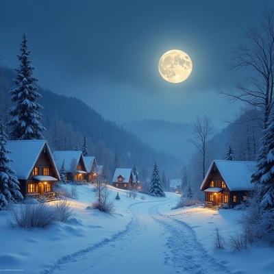 Snowy village under bright moonlight