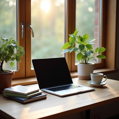 Workspace by the window during the afternoon