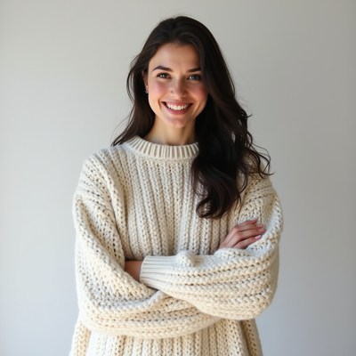 Woman in sweater standing indoors smiling