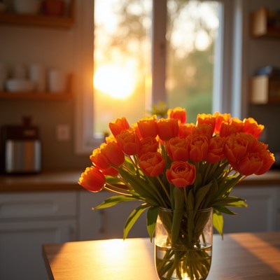 Bright tulips at sunset in kitchen