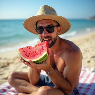 Enjoying watermelon by the beach