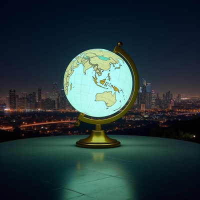 Globe on display in city lights