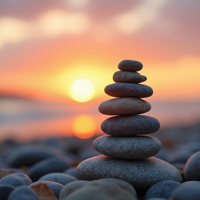Stacked stones at sunset near the beach