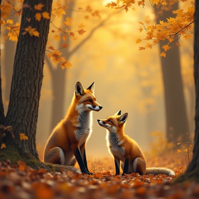 Foxes in autumn forest scene