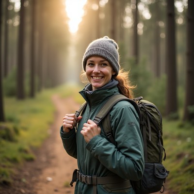 Smiling hiker on forest trail