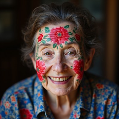 Elderly woman with flower face art