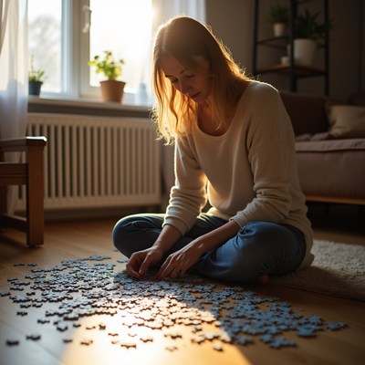Woman working on puzzle at home