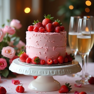 Cake with strawberries and champagne glasses