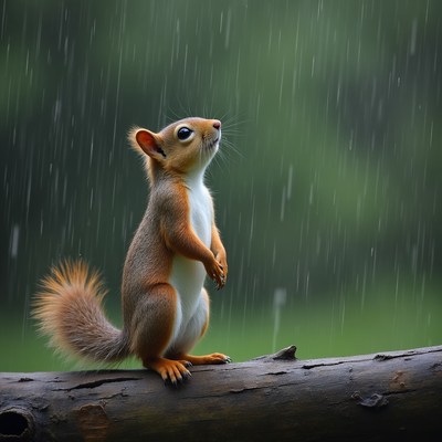 Squirrel stands on log in rain