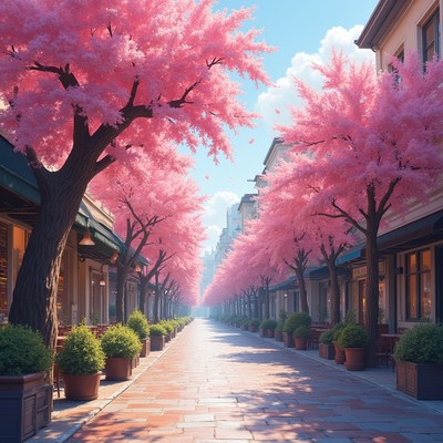 Charming street lined with pink trees