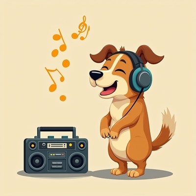 Dog enjoying music with a boombox