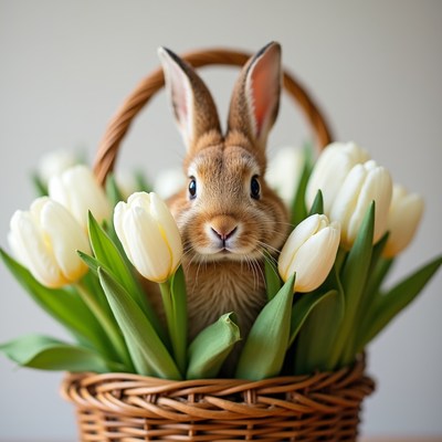 Rabbit in a basket with tulips