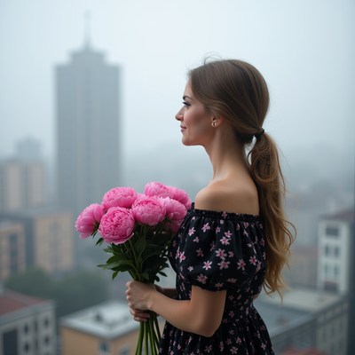Woman holds pink flowers in city