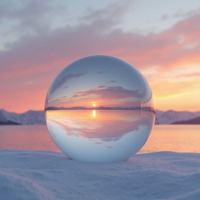 Glass orb reflecting sunset over water