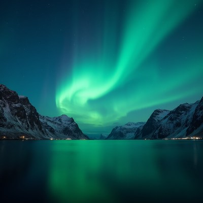 Northern lights shine over fjord