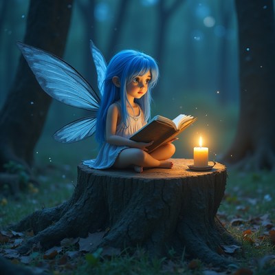 Reading fairy in forest at night