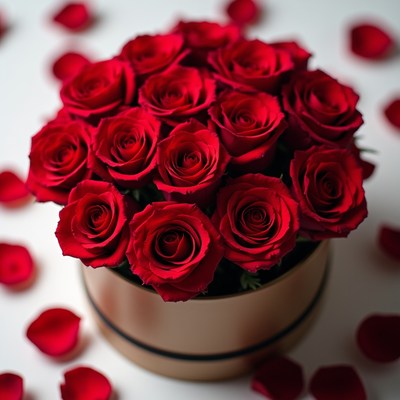 Red roses in a round box with petals