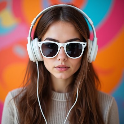 Woman wearing headphones in urban setting