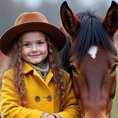Child with horse in autumn field