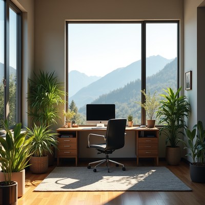 Modern workspace with mountain view