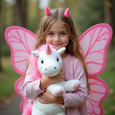 Girl in butterfly wings holding a unicorn