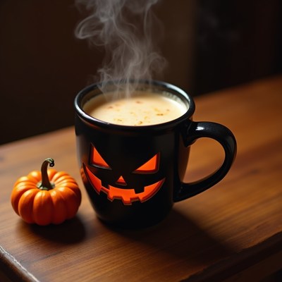 Jack-o'-lantern mug with coffee