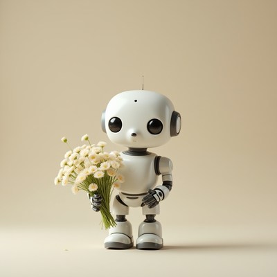 Robot holding flowers on a plain background