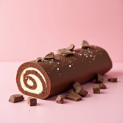 Chocolate dessert on pink surface with pieces