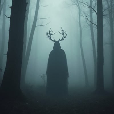 Mysterious figure in foggy forest