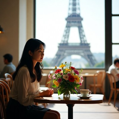 Woman sitting in cafe with flowers