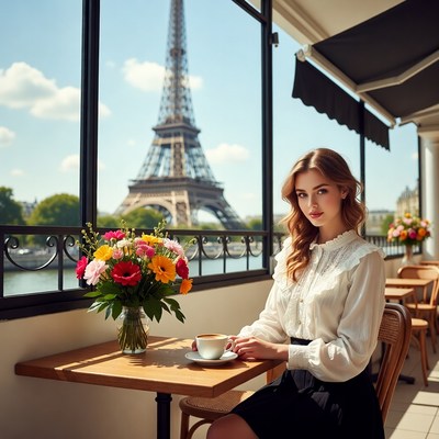 Woman enjoys coffee by eiffel tower