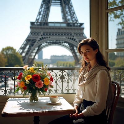Woman sitting by window with eiffel tower view