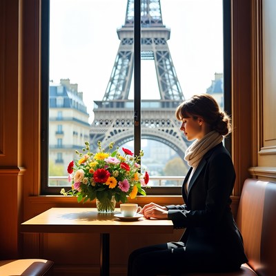 Woman at cafe with eiffel tower view