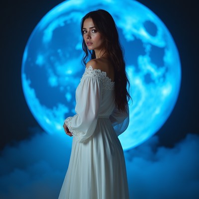 Woman in white dress near large moon