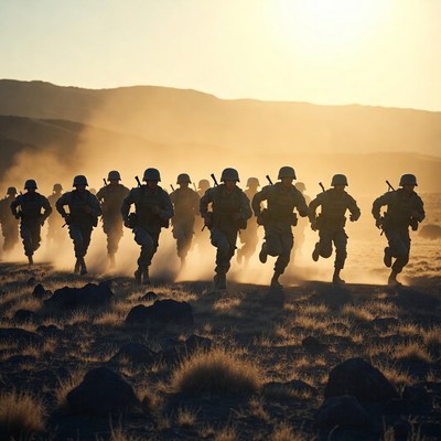 Soldiers run in dusty terrain at sunset