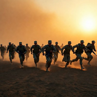 Soldiers running in dusty environment