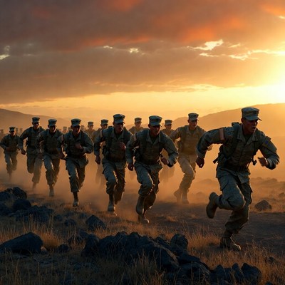 Soldiers running at sunset in training