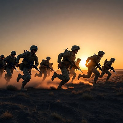 Soldiers running at sunset in training