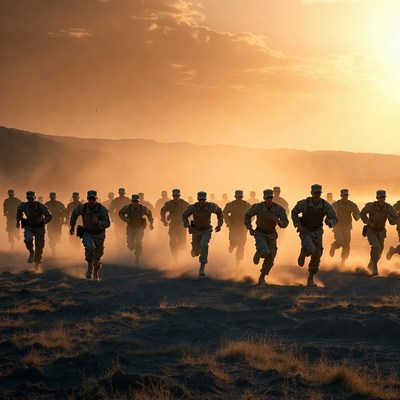 Soldiers run during training in the evening