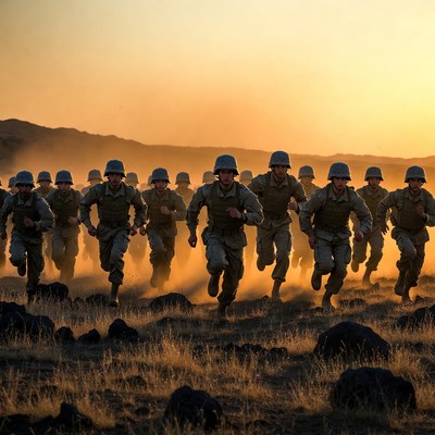 Soldiers running at sunset