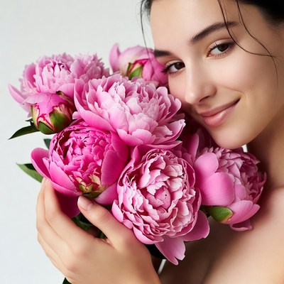 Woman holding peony bouquet in studio