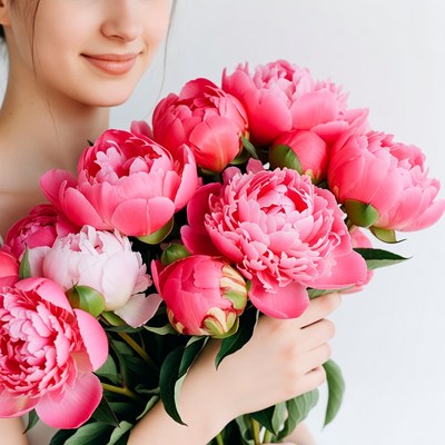 Holding fresh peony flowers in hands