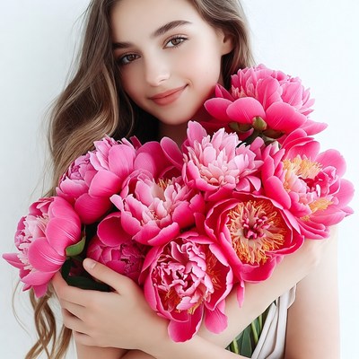 Young girl holding pink flowers