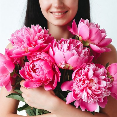 Woman holding pink peony flowers