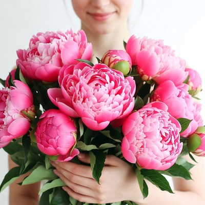 Woman holding pink peonies bouquet
