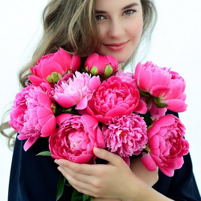 Woman holds peony flowers with smile