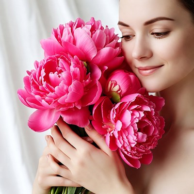 Woman holds pink flowers in close-up