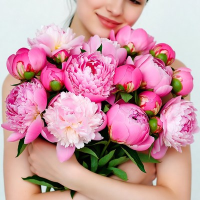 Woman holding a large pink flower bouquet